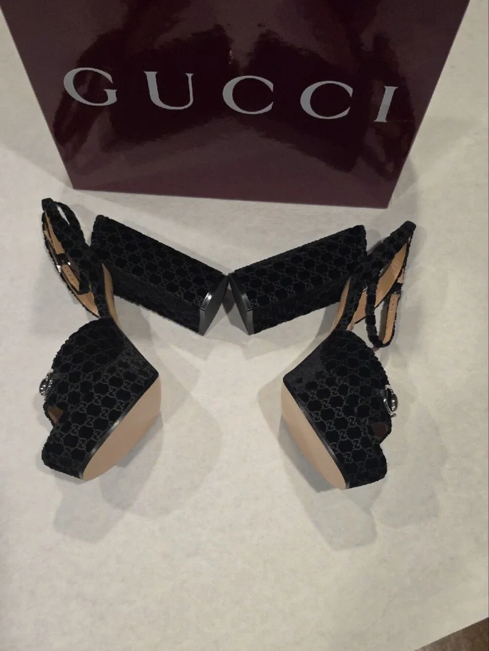 Gucci Black Velvet Platform Sandals with Silver Horsebit